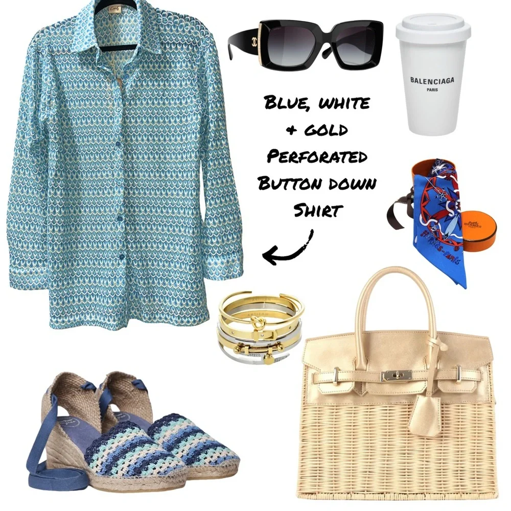 Blue, White & Gold Perforated Knit Button Down Shirt - Picture 1 of 2